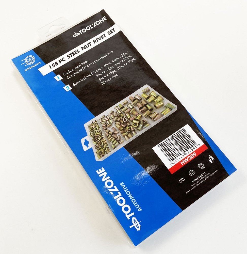 RIVET NUT ASSORTMENT STEEL FLANGE HEAD 158pc IN STORAGE BOX - TOOLZONE KDPHW209