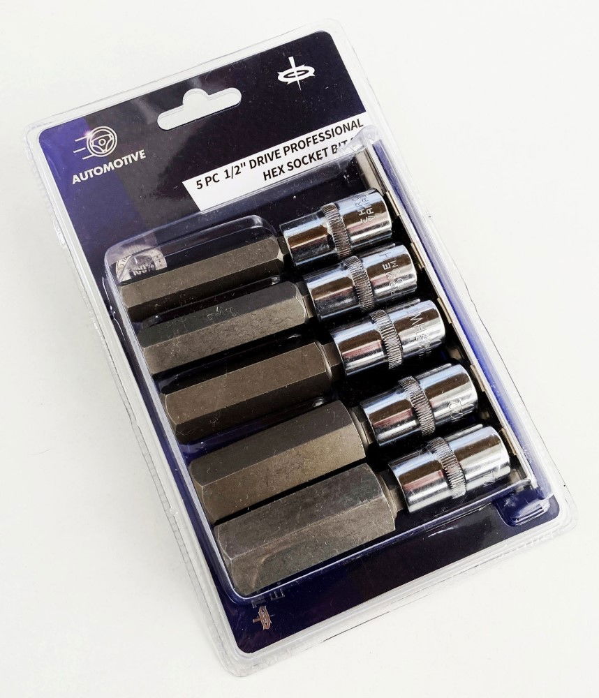 HEX BIT SET EXTRA LONG 1/2 DRIVE 5pc H14-H24 100mm CHROME VANADIUM - TOOLZONE KDPHX015