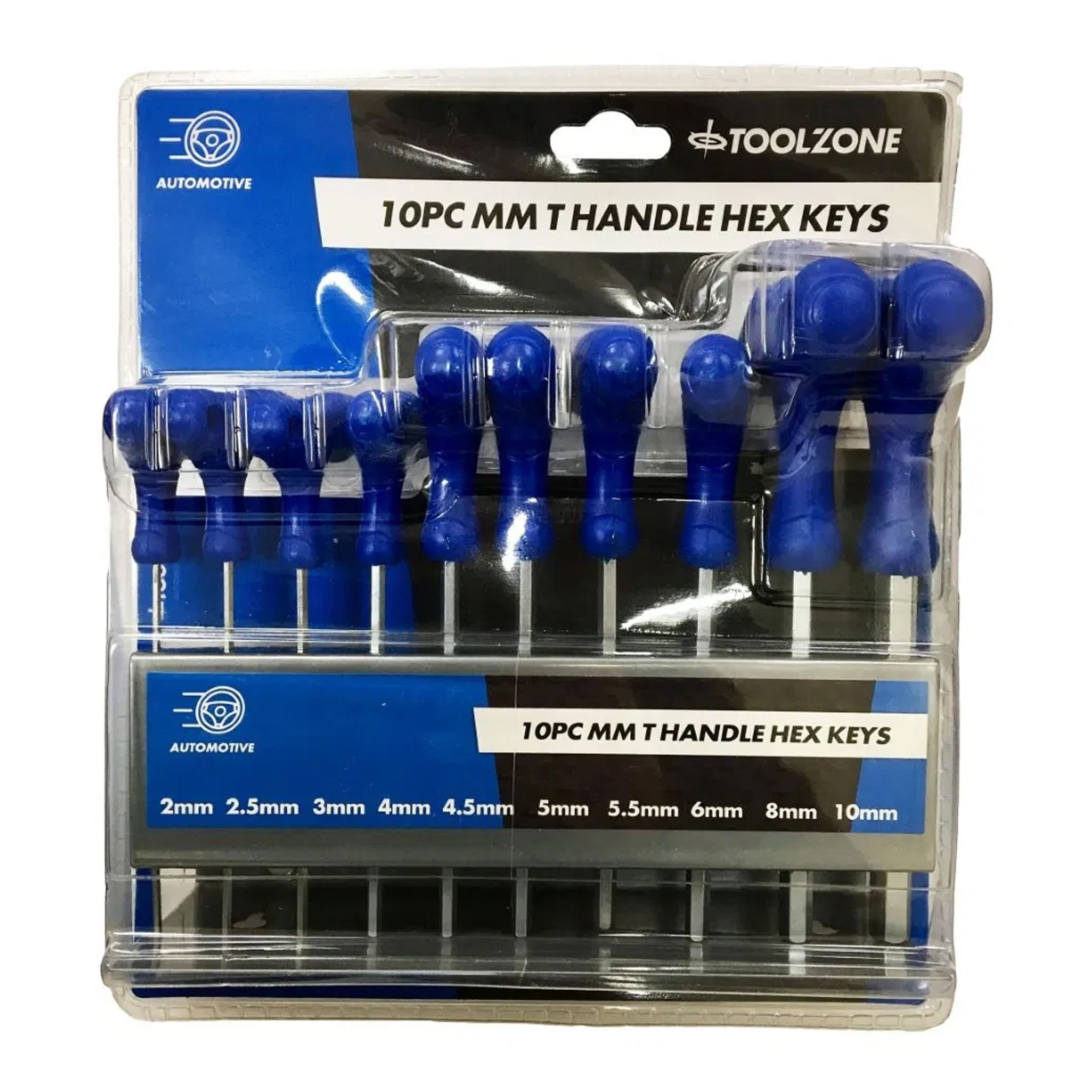 HEX KEY SET T HANDLE METRIC 10pc IN RACK CHROME VANADIUM - TOOLZONE KDPHX027