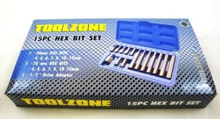 HEX BIT SET METRIC 15pc WITH 1/2 DRIVE ADAPTOR CHROME VANADIUM - TOOLZONE KDPHX036