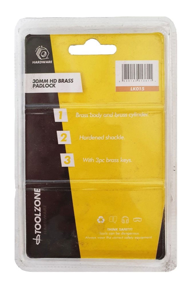 PADLOCK BRASS 30mm WITH 3 KEYS - TOOLZONE KDPLK015