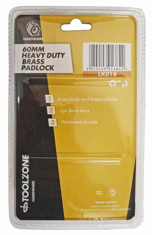 PADLOCK HEAVY DUTY BRASS 60mm WITH 3 KEYS - TOOLZONE KDPLK018