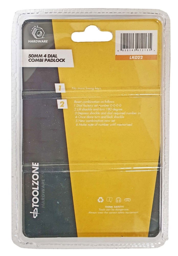 PADLOCK COMBINATION 4 DIAL BRASS 50mm - TOOLZONE KDPLK022