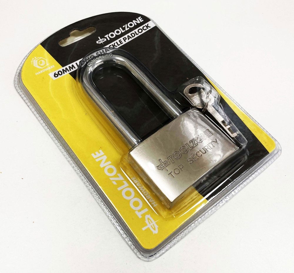 PADLOCK LONG SECURITY 60mm SOLID STEEL WITH 4 KEYS - TOOLZONE KDPLK024