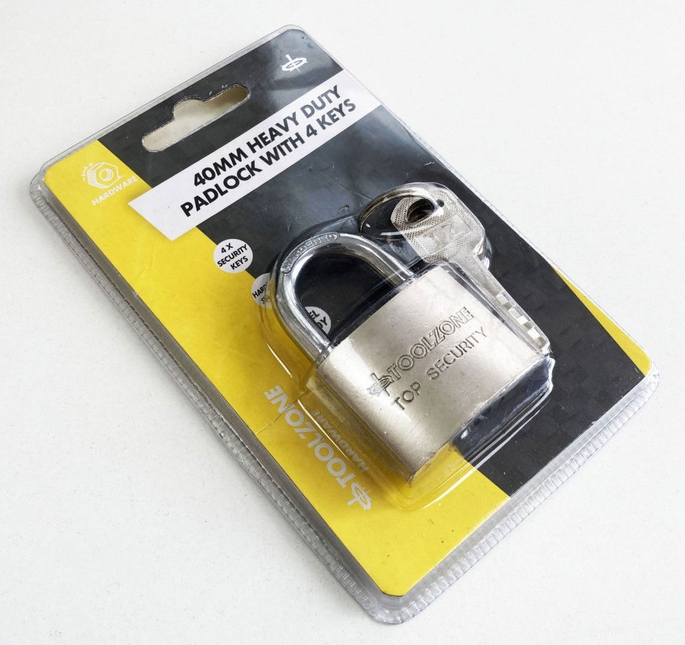 PADLOCK SECURITY 40mm SOLID STEEL WITH 4 KEYS - TOOLZONE KDPLK025