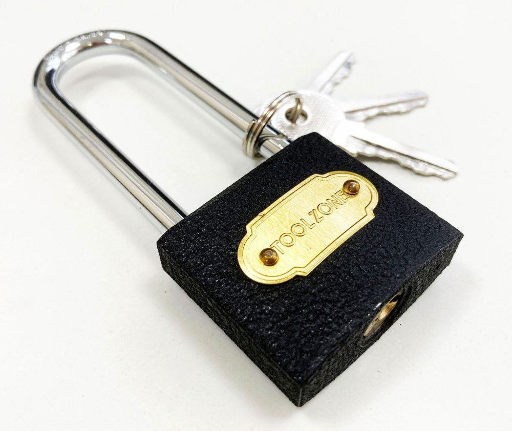 PADLOCK LONG SHANK CAST IRON 38mm 65mm SHACKLE WITH 3 KEYS - TOOLZONE KDPLK031
