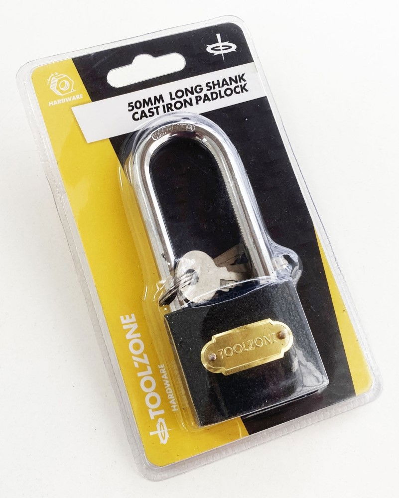 PADLOCK LONG SHANK CAST IRON 50mm WITH 3 KEYS - TOOLZONE KDPLK032