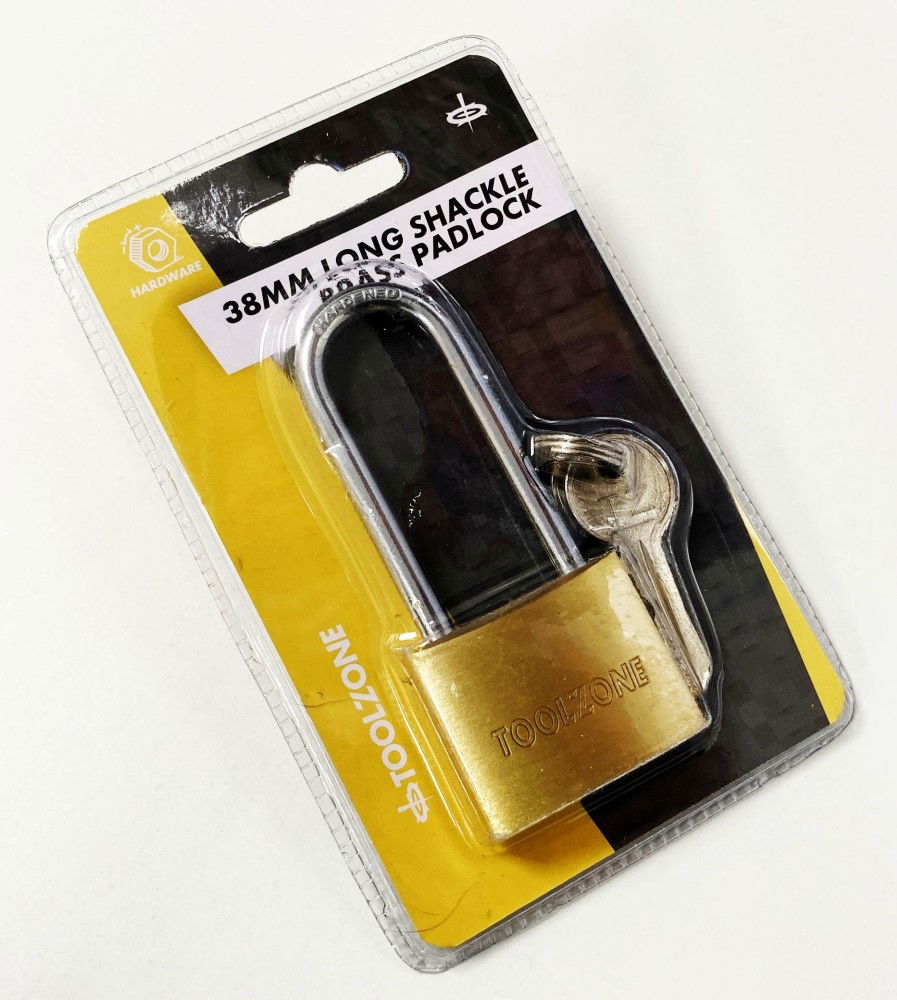 PADLOCK LONG SHANK BRASS 38mm 57mm SHACKLE WITH 3 KEYS - TOOLZONE KDPLK040