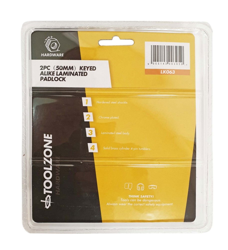 PADLOCK LAMINATED 50mm KEYED ALIKE PACK OF 2 - TOOLZONE KDPLK063