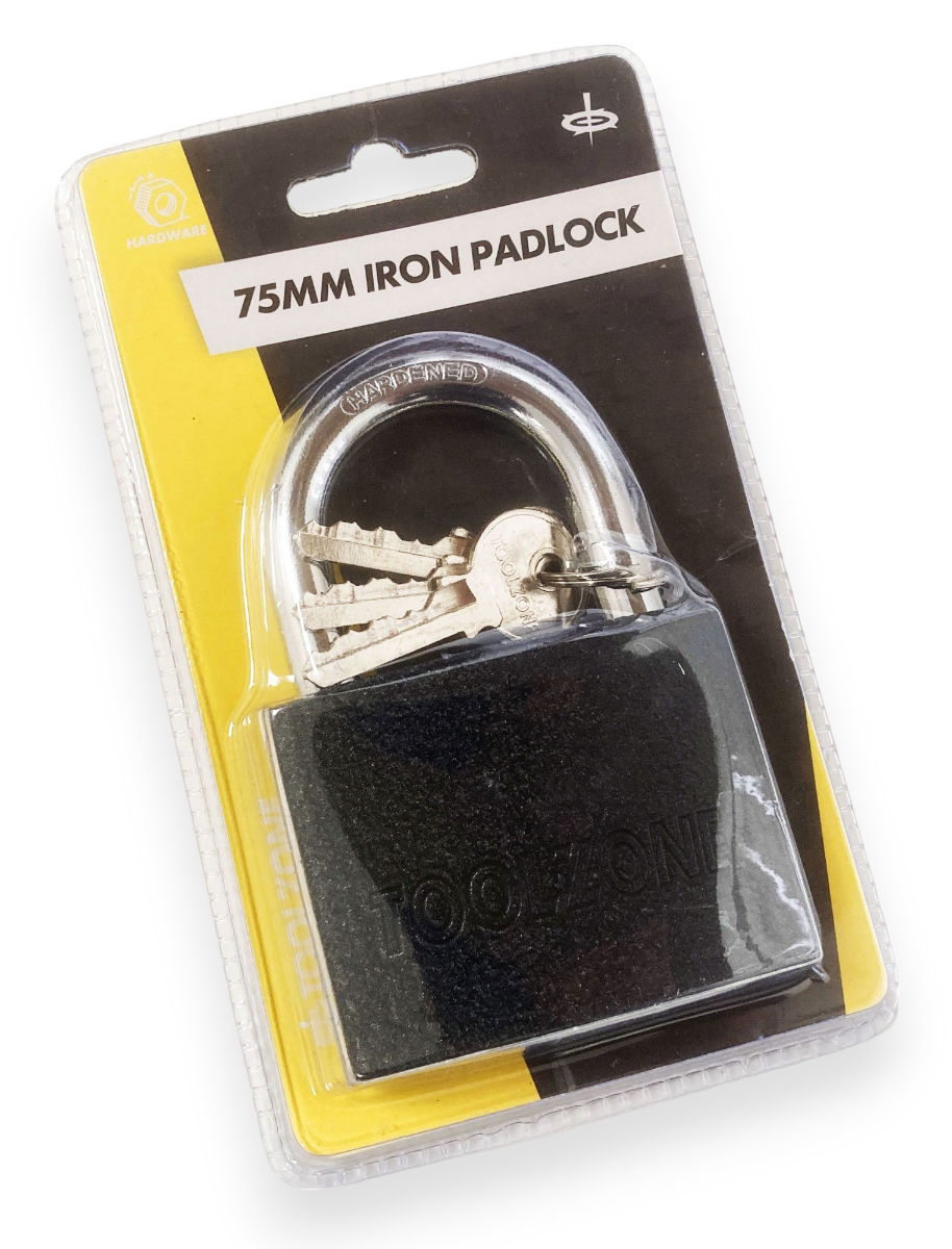 PADLOCK IRON 75mm HARDENED SHACKLE BRASS CORE WITH 3 KEYS - TOOLZONE KDPLK112