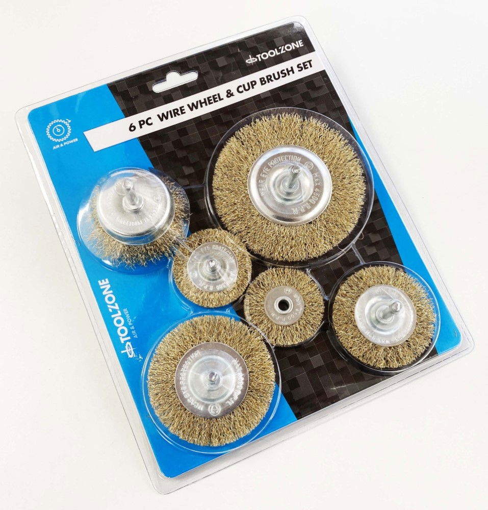 ROTARY WIRE WHEEL AND CUP BRUSH SET 6 PIECE 38/50/63/75mm 6mm SHANK - TOOLZONE KDPPA083