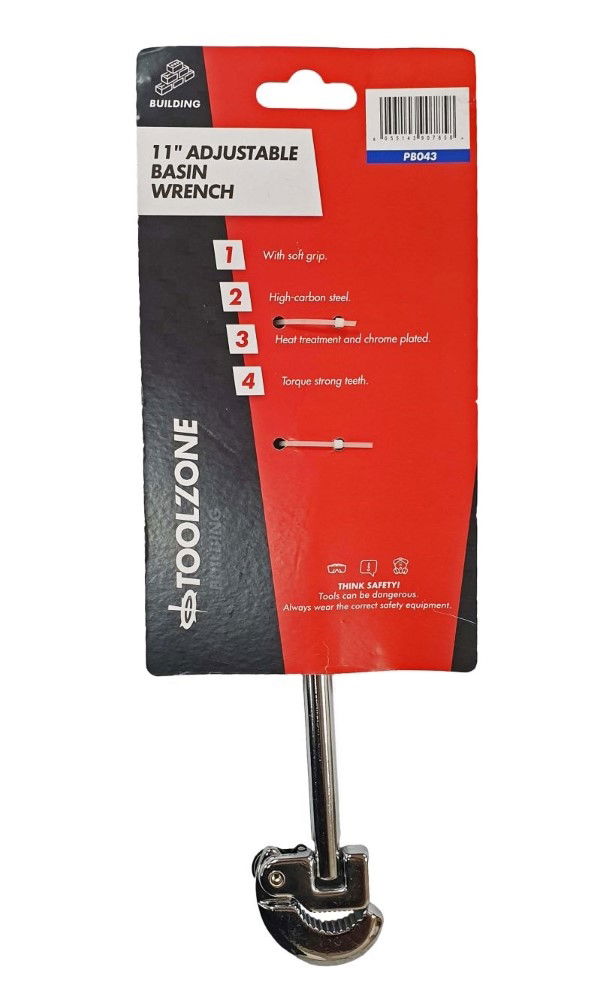 ADJUSTABLE BASIN WRENCH 11 CHROME PLATED STEEL SWIVEL HEAD - TOOLZONE KDPPB043