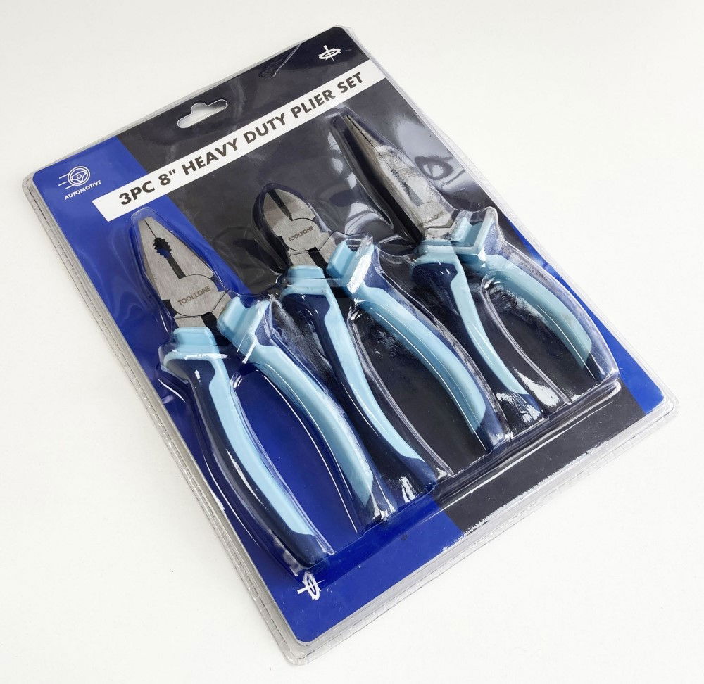HEAVY DUTY PLIER SET 3PC 8 DROP FORGED STEEL SOFT GRIP HANDLES - TOOLZONE KDPPL140