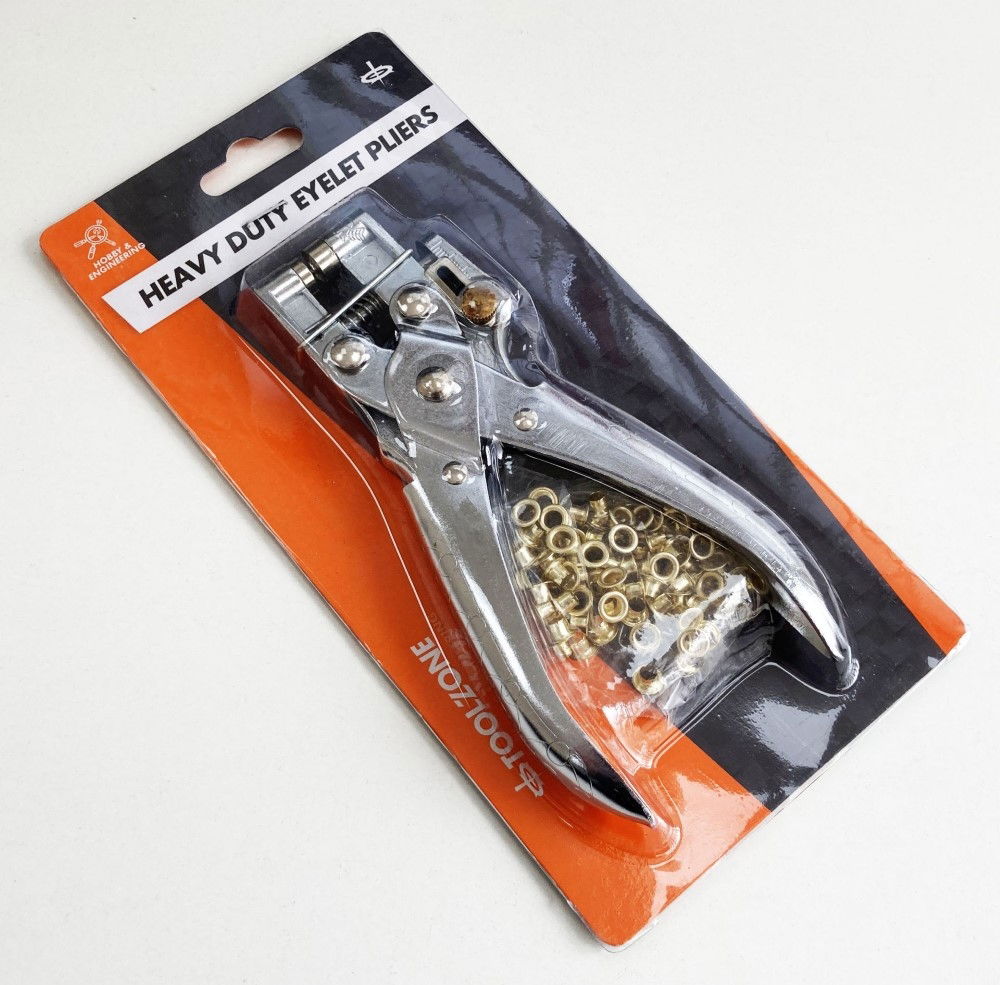 EYELET PLIERS HEAVY DUTY 165mm CHROME PLATED WITH 100PC BRASS EYELETS - TOOLZONE KDPPL230