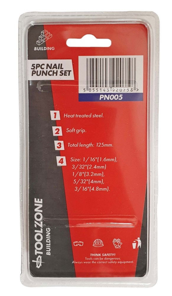 NAIL PUNCH SET 5PC COLOURED 1.6mm-4.8mm LENGTH 125mm - TOOLZONE KDPPN005