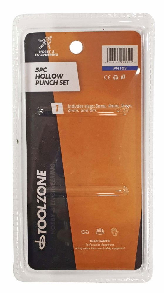 HOLLOW PUNCH SET 5PC 3mm, 4mm, 5mm, 6mm, 8mm HIGH CARBON STEEL - TOOLZONE KDPPN103