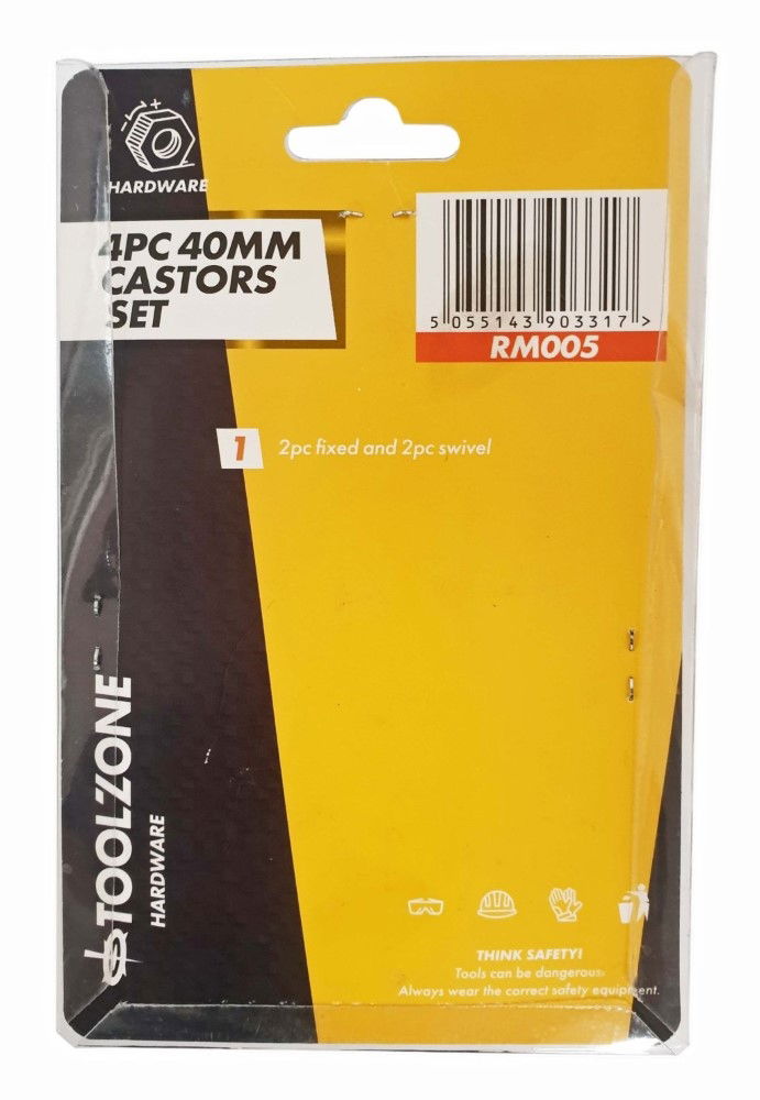 CASTOR WHEELS SET 4PC 40mm 2 SWIVEL 2 FIXED POLYPROPYLENE - TOOLZONE KDPRM005