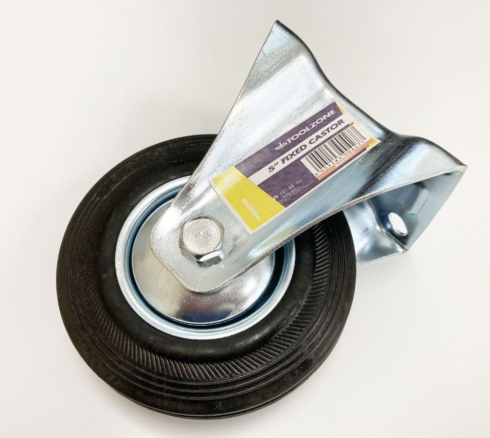 CASTOR FIXED 5 125mm RUBBER WHEEL STEEL PLATE 80kg - TOOLZONE KDPRM011