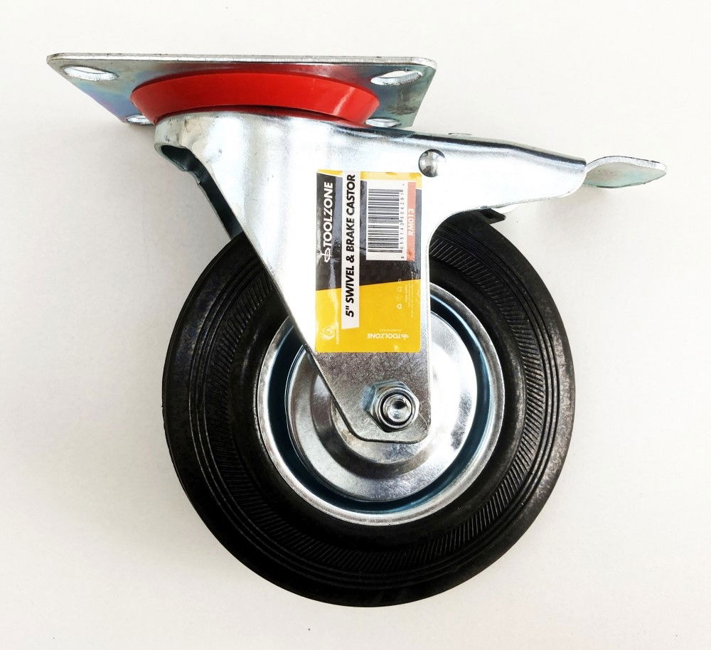 CASTOR SWIVEL WITH BRAKE 5 125mm RUBBER WHEEL STEEL PLATE 70kg - TOOLZONE KDPRM013