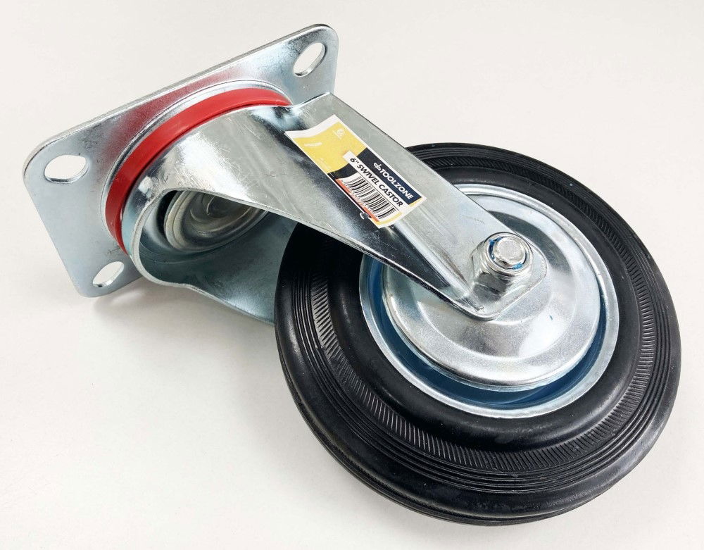 CASTOR SWIVEL 6 150mm RUBBER WHEEL STEEL PLATE 130kg - TOOLZONE KDPRM015
