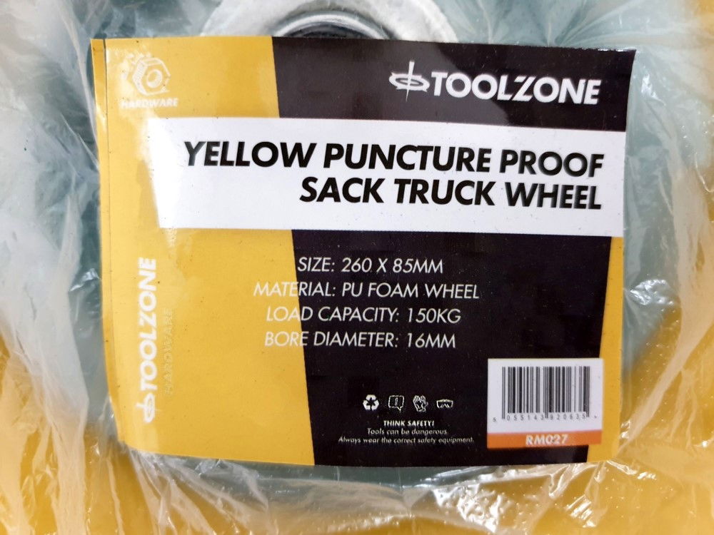 SACK TRUCK WHEEL PUNCTURE PROOF YELLOW 260x82mm 16mm BORE - TOOLZONE KDPRM027