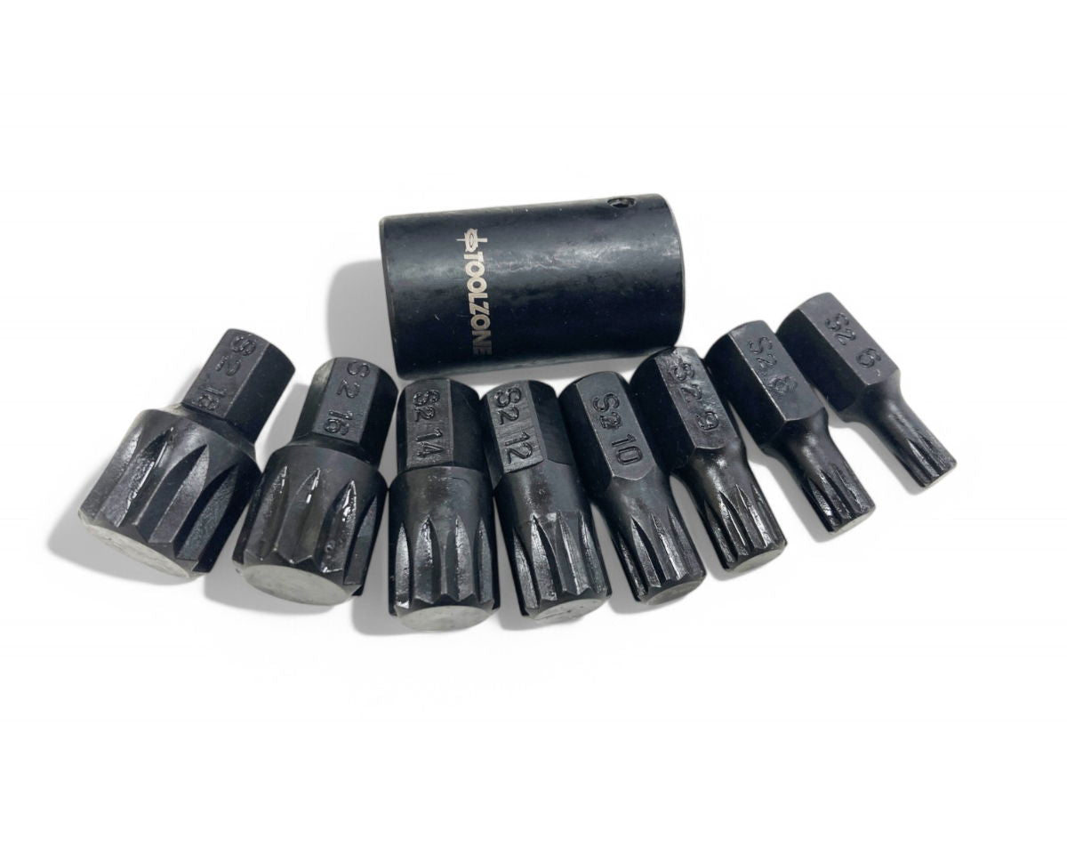 IMPACT SPLINE BIT SET 9PC M6-M18 1/2 DRIVE - TOOLZONE KDPSD067
