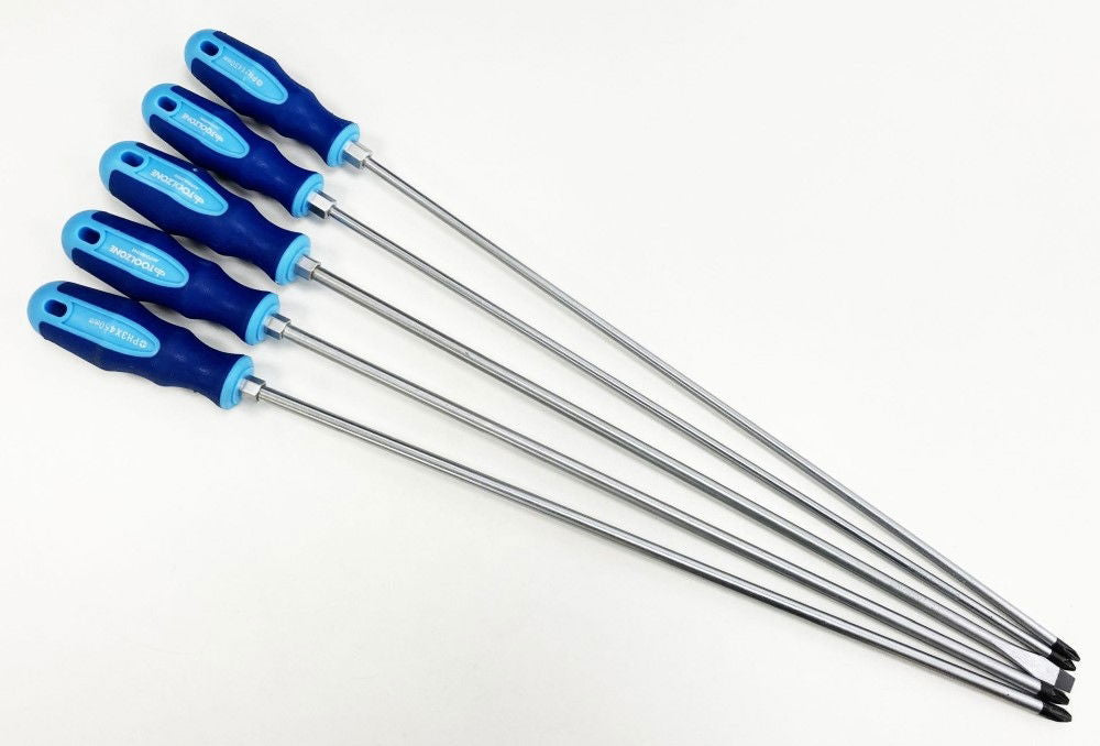 EXTRA-LONG SCREWDRIVER SET 5PC 450mm PZ2 PZ3 PH2 PH3 8mm - TOOLZONE KDPSD074