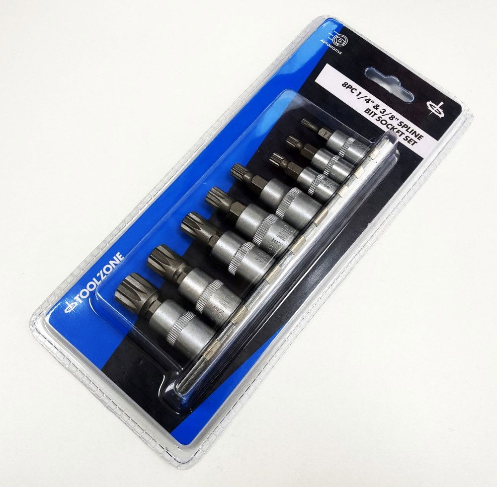 SPLINE BIT SOCKET SET 8PC 1/4 3/8 DRIVE M4-M16 ON RAIL - TOOLZONE KDPSD079