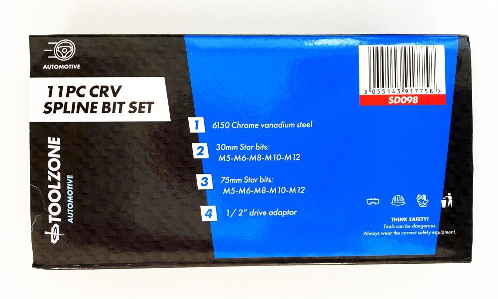 SPLINE BIT SET 11PC CRV M5-M12 30mm 75mm - TOOLZONE KDPSD098