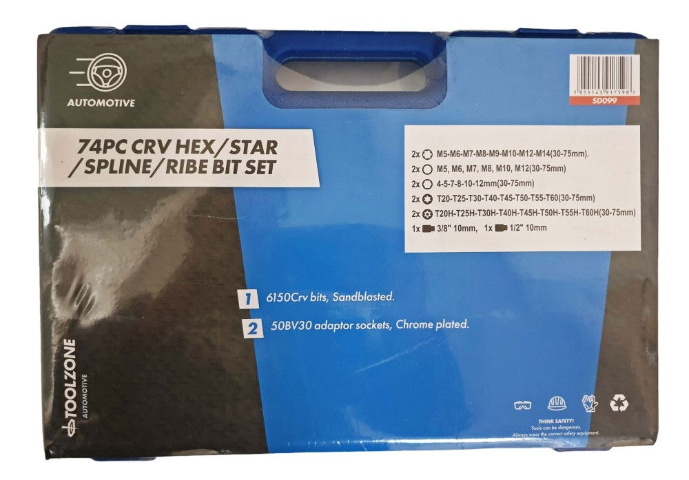 BIT SET 74PC CRV HEX STAR SPLINE RIBE 30mm 75mm - TOOLZONE KDPSD099