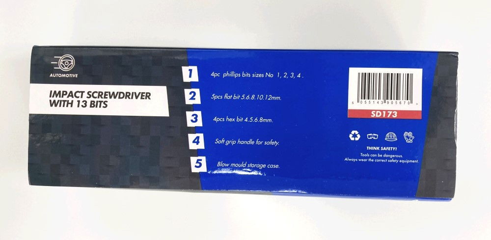 IMPACT SCREWDRIVER SET WITH 13 BITS 1/2 DRIVE - TOOLZONE KDPSD173