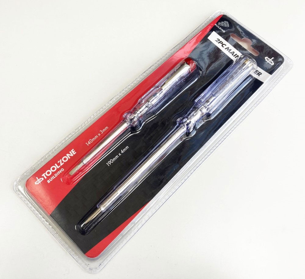 MAINS TESTER SET 2PC 140 x 3mm 190 x 4mm 100-250v - TOOLZONE KDPSD181