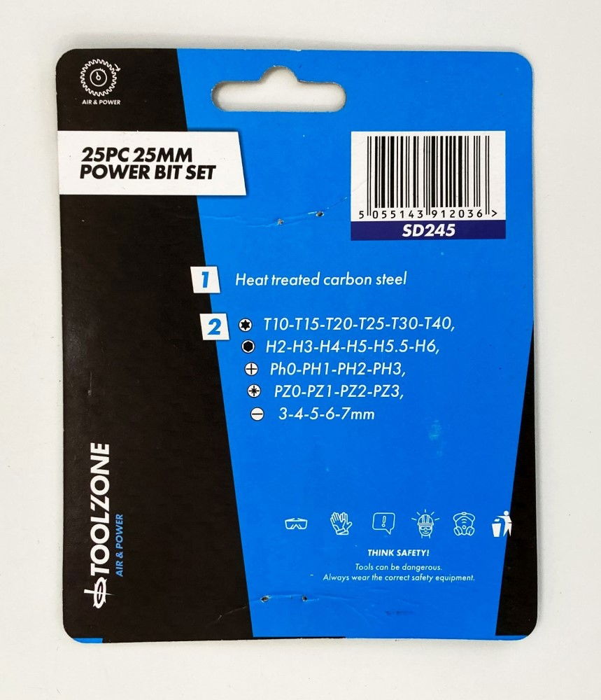 POWER BIT SET 25PC 25mm STAR T10-T40 HEX H2-H6 PH0-PH3 PZ0-PZ3 3-7mm - TOOLZONE KDPSD245