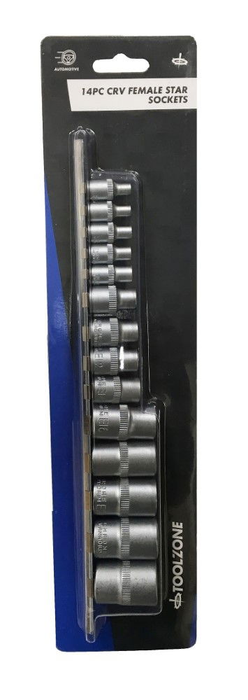 FEMALE STAR SOCKET SET 14PC CRV 1/4 3/8 1/2 DRIVE E4-E24 - TOOLZONE KDPSD279