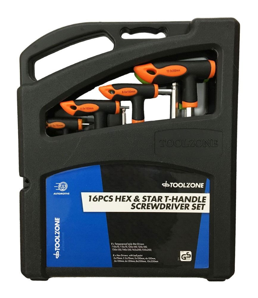 T HANDLE HEX AND STAR SCREWDRIVER SET 16PC CRV - TOOLZONE KDPSD305