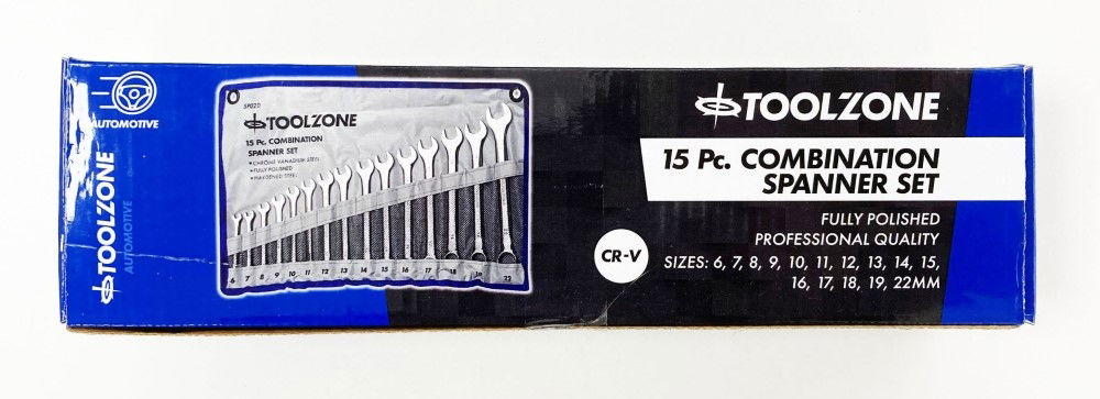 COMBINATION SPANNER SET 15PC 6-19mm 22mm CHROME VANADIUM SATIN - TOOLZONE KDPSP020