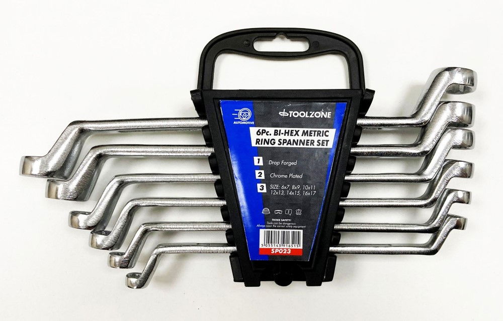 RING SPANNER SET 6PC 6x7mm TO 16x17mm DROP FORGED CHROME PLATED - TOOLZONE KDPSP023