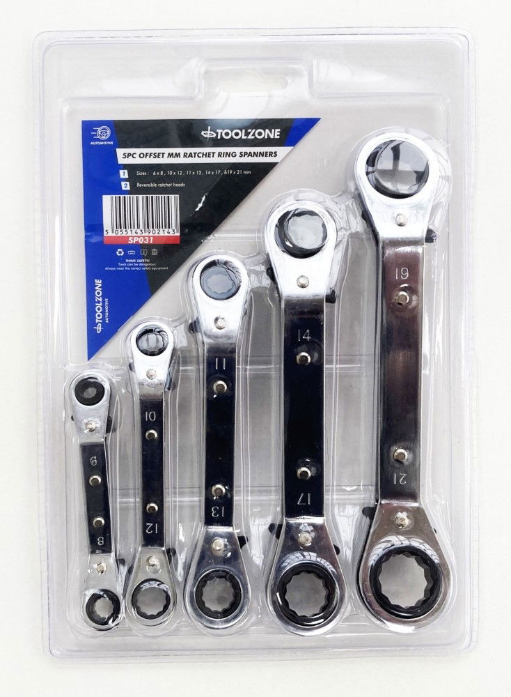 OFFSET RATCHET RING SPANNER SET 5PC 6x8mm TO 19x21mm - TOOLZONE KDPSP031