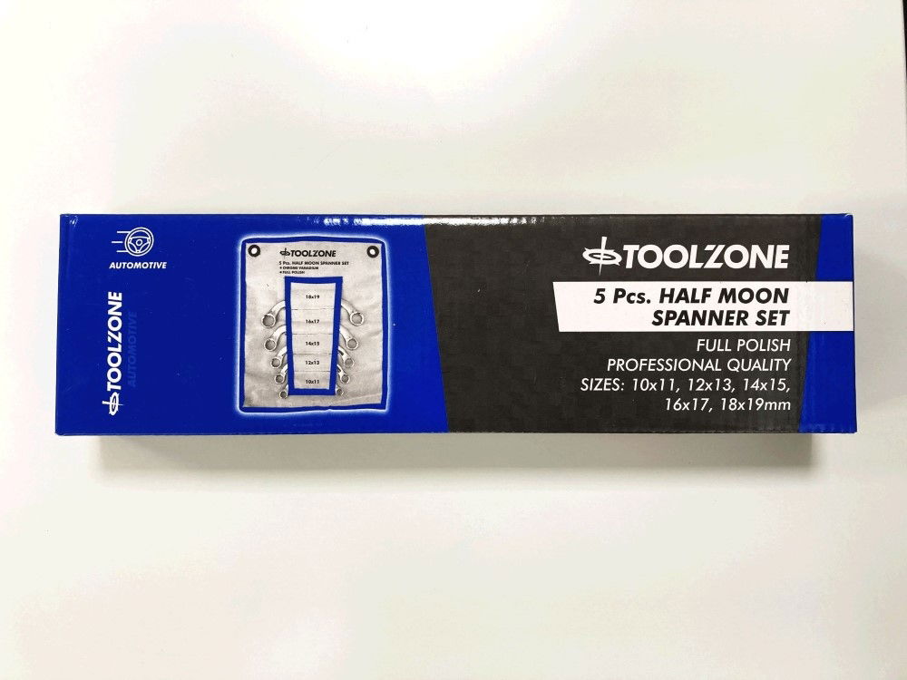 HALF MOON SPANNER SET 5PC 10x11mm TO 18x19mm CHROME VANADIUM SATIN - TOOLZONE KDPSP036
