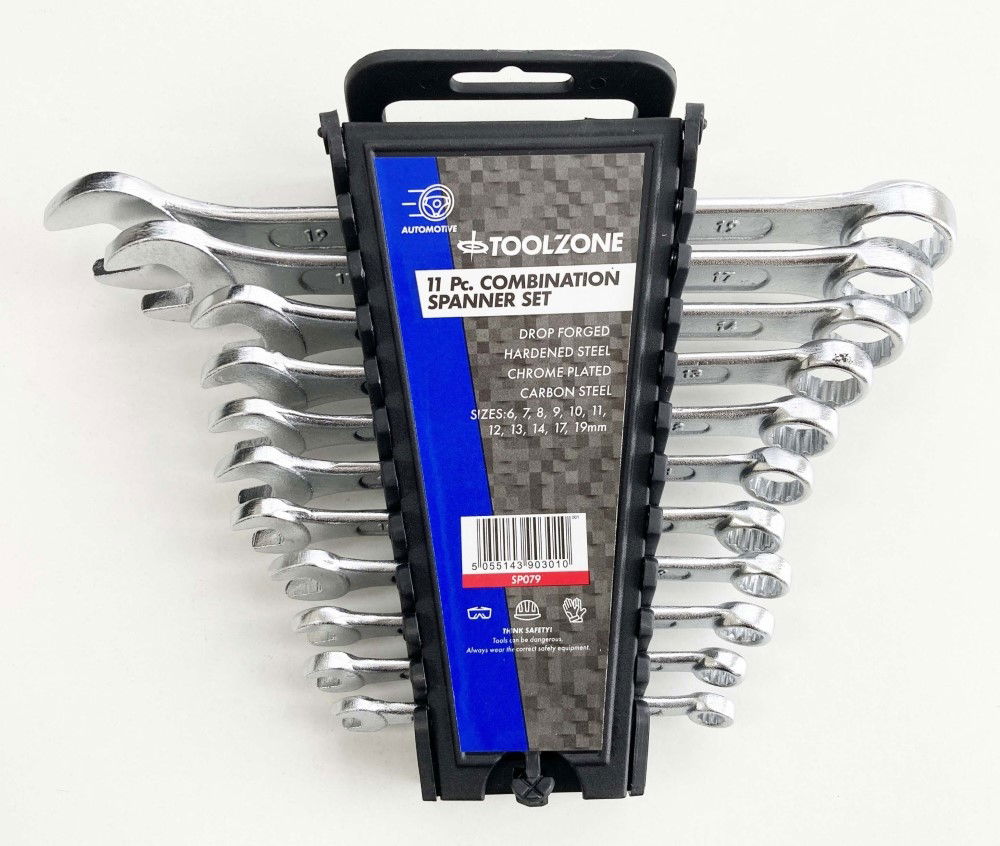 COMBINATION SPANNER SET 11PC 6 TO 19mm DROP FORGED CHROME PLATED - TOOLZONE KDPSP079
