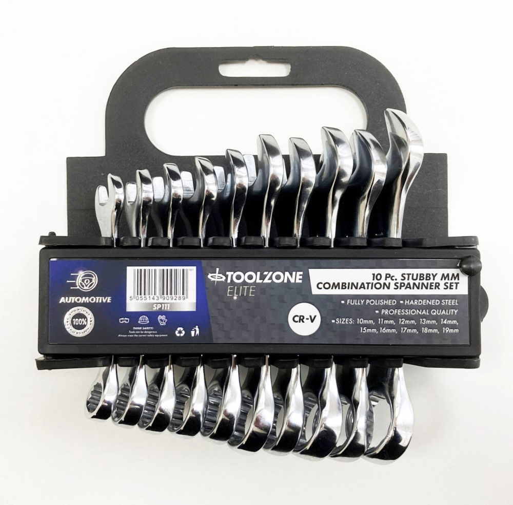 STUBBY SPANNER SET 10PC 10 TO 19mm FULLY POLISHED CHROME VANADIUM - TOOLZONE KDPSP111