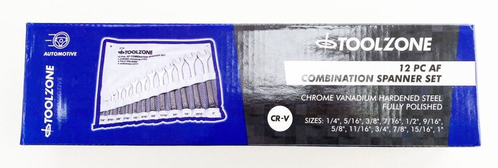 COMBINATION SPANNER SET 12pc AF CHROME VANADIUM SATIN FINISH - TOOLZONE KDPSP126