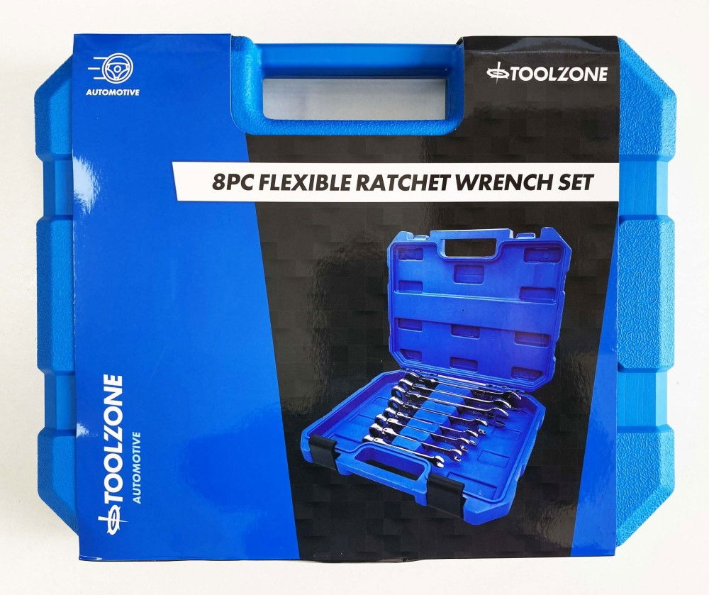 FLEX RATCHET COMBINATION WRENCH SET 8pc METRIC CHROME VANADIUM POLISHED FINISH - TOOLZONE KDPSP128