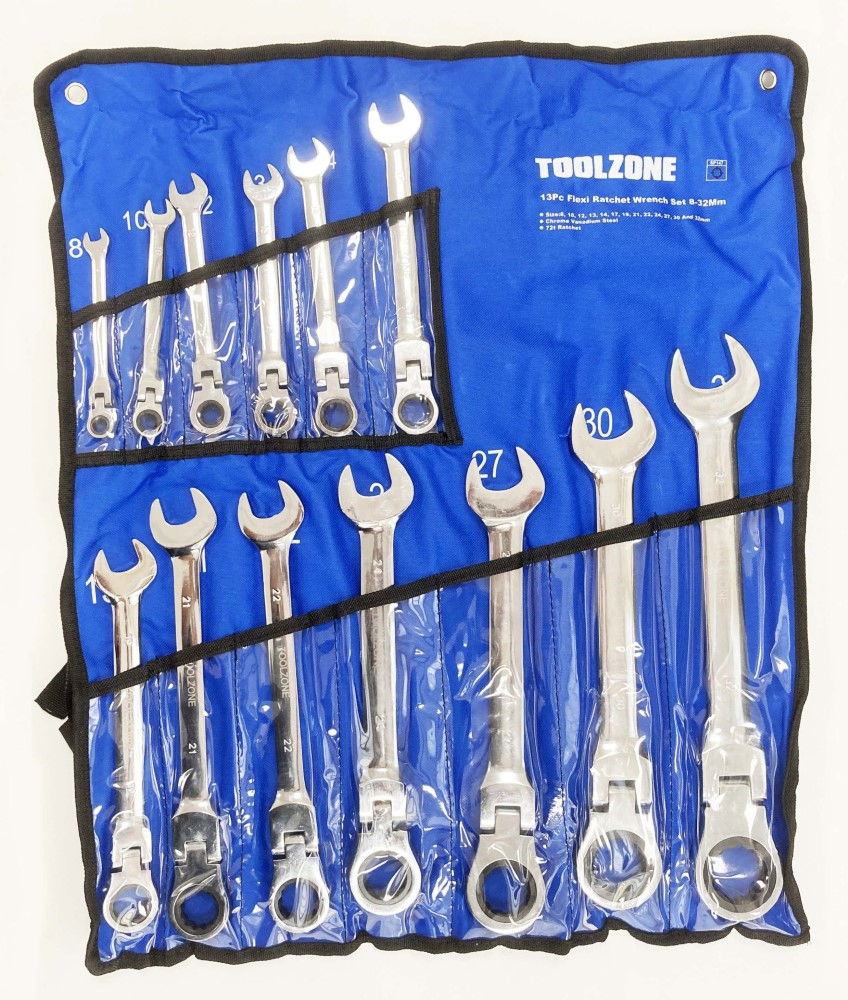 FLEXI RATCHET WRENCH SET 13pc 8-32mm 72 TEETH CHROME VANADIUM - TOOLZONE KDPSP147