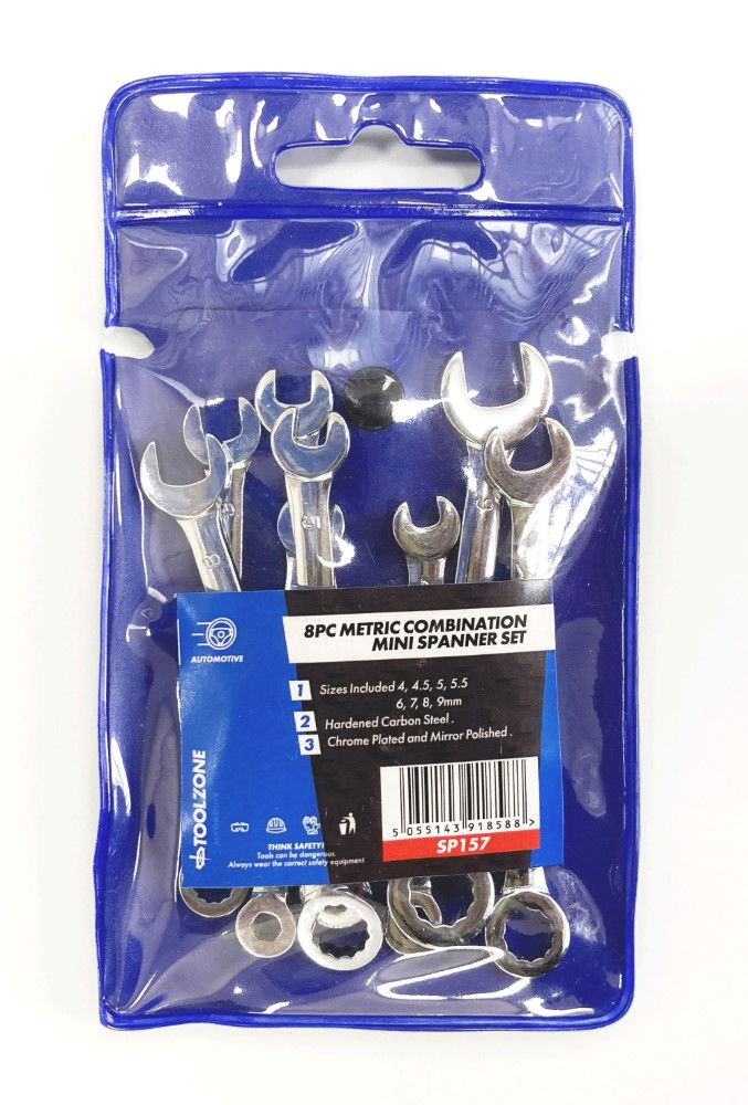 COMBINATION SPANNER SET 8pc MINI 4-9mm CARBON STEEL CHROME PLATED - TOOLZONE KDPSP157