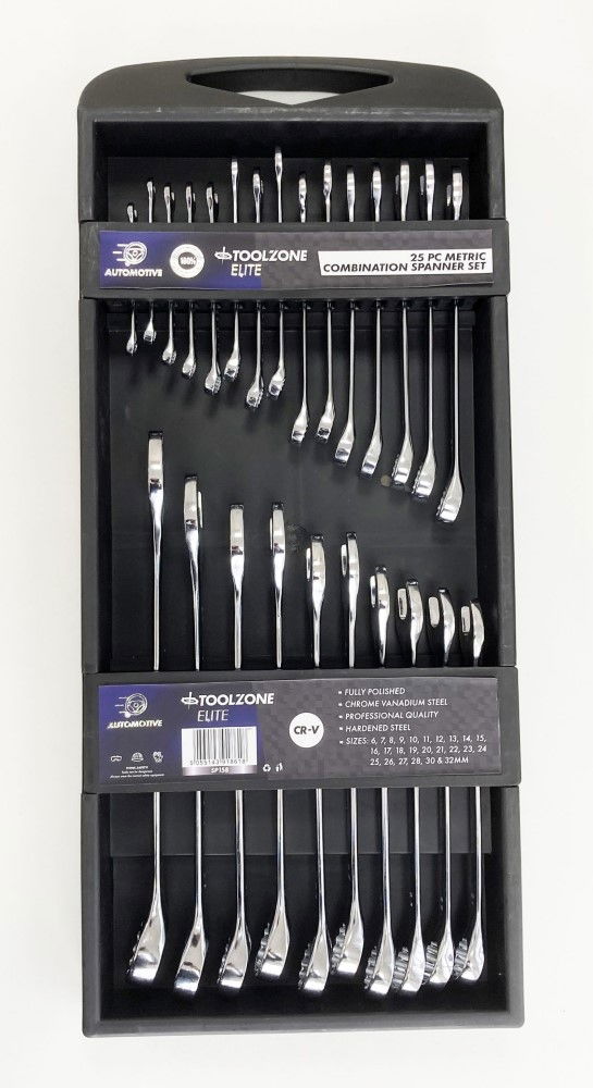 COMBINATION SPANNER SET 25pc 6-32mm CHROME VANADIUM IN TRAY - TOOLZONE KDPSP158