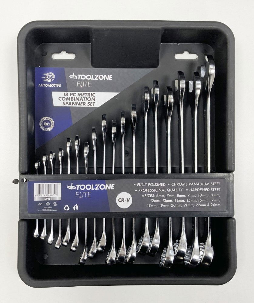 COMBINATION SPANNER SET 18pc 6-32mm CHROME VANADIUM IN TRAY - TOOLZONE KDPSP159