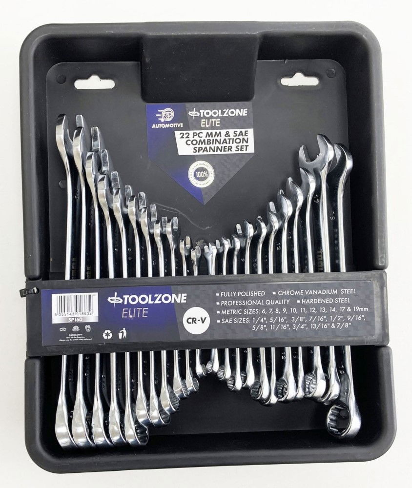 COMBINATION SPANNER SET 22pc METRIC/AF CHROME VANADIUM IN TRAY - TOOLZONE KDPSP160