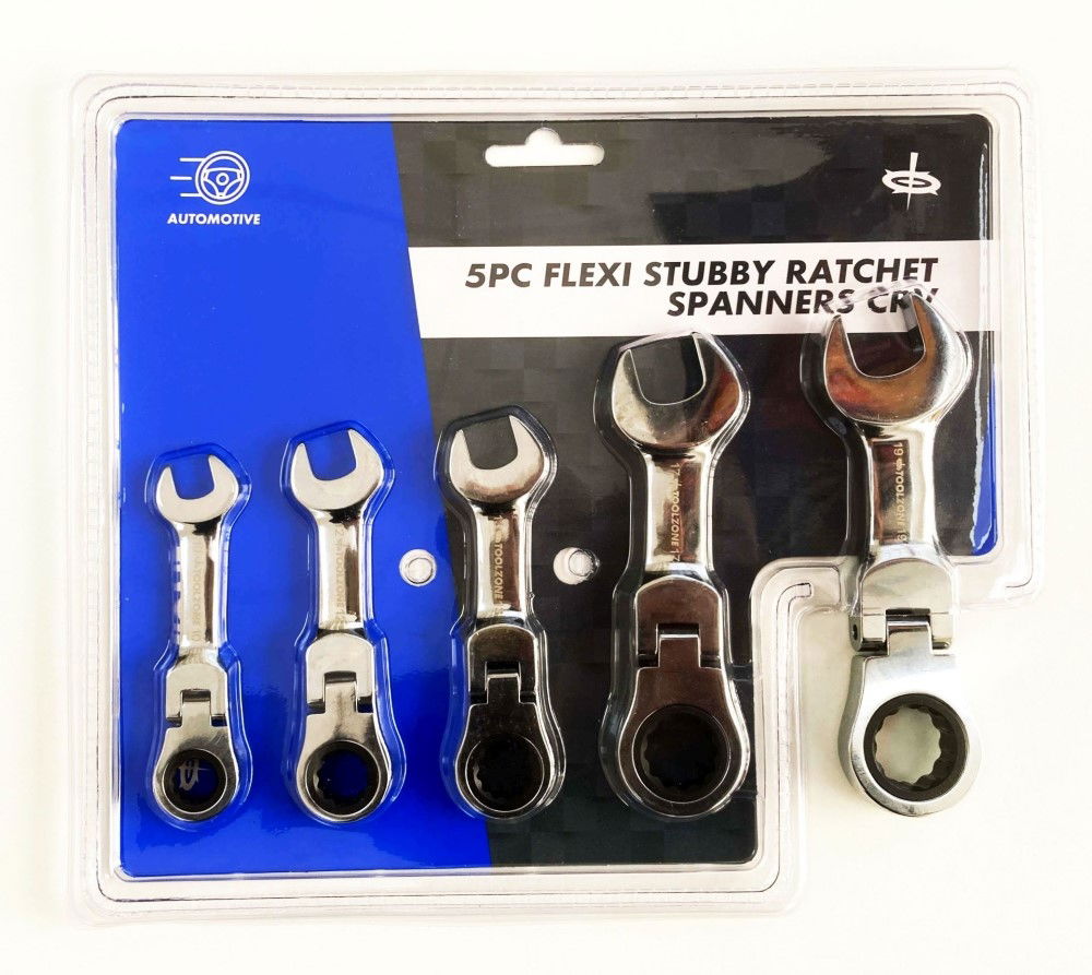 FLEXI STUBBY RATCHET SPANNER SET 5pc 10-19mm CHROME VANADIUM - TOOLZONE KDPSP164