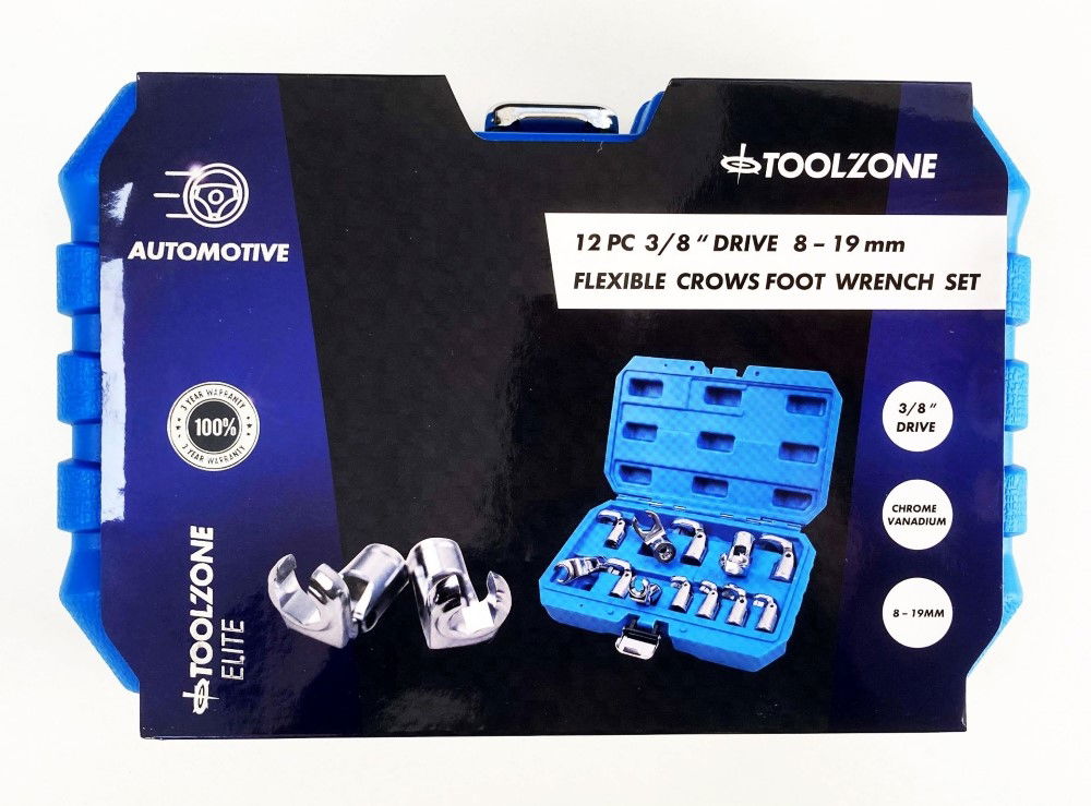 FLEX CROWFOOT SPANNER SET 12pc 3/8 DRIVE 8-19mm CHROME VANADIUM - TOOLZONE KDPSP170